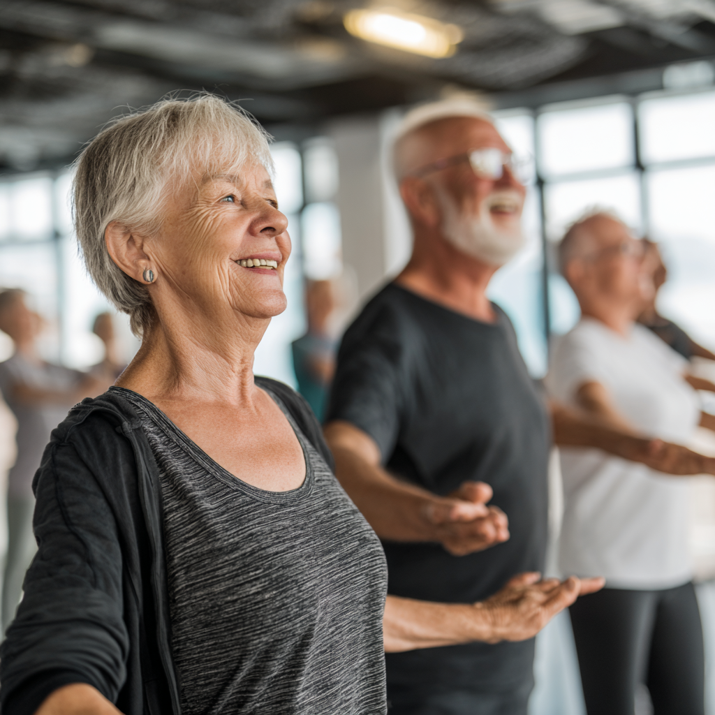 mature adults enjoying group fitness activities together in a bright welcoming space