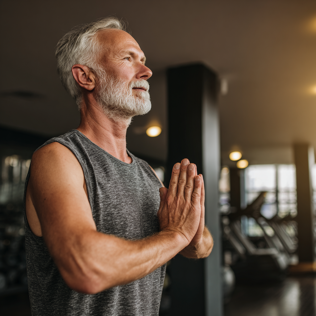 middle-aged adult practicing mindful movement in a serene fitness environment